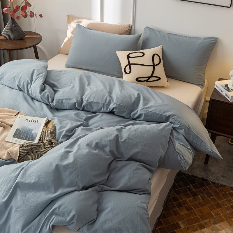 Janlive Washed Cotton Duvet Cover Oueen Ultra Soft 100% Cotton Solid Color Grayish Blue Duvet Cover Set with Zipper Closure -3 Pieces Grayish Blue Queen - Image 3